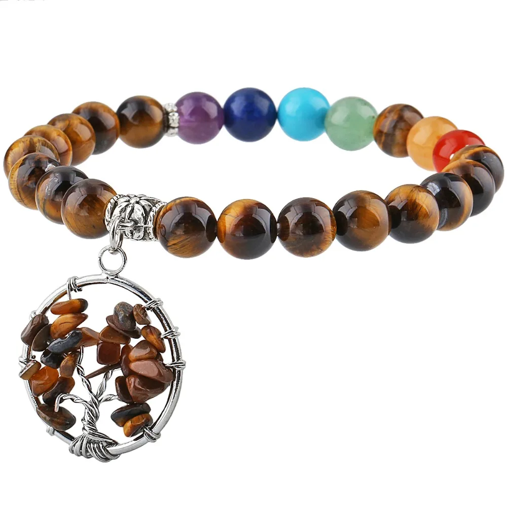 

SUNYIK 8mm Tiger's Eye Stone Bracelet Tumbled Stones Tree of Life Dangle Charm 7 Chakra Beads Yoga Energy Reiki Healing Jewelry