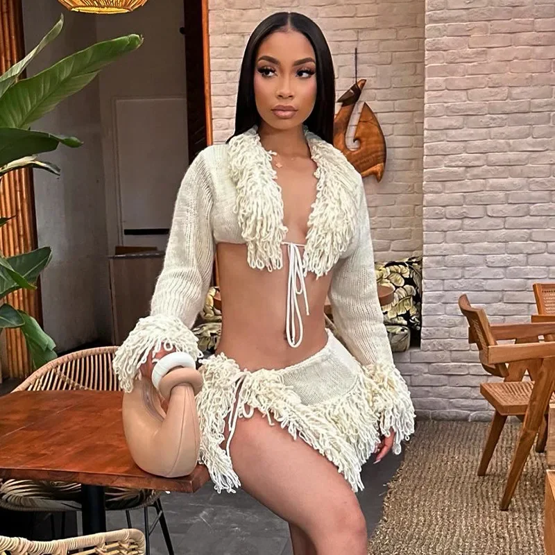 Сексуальный женский вязаный свитер с кисточками кардиган юбки разрезом