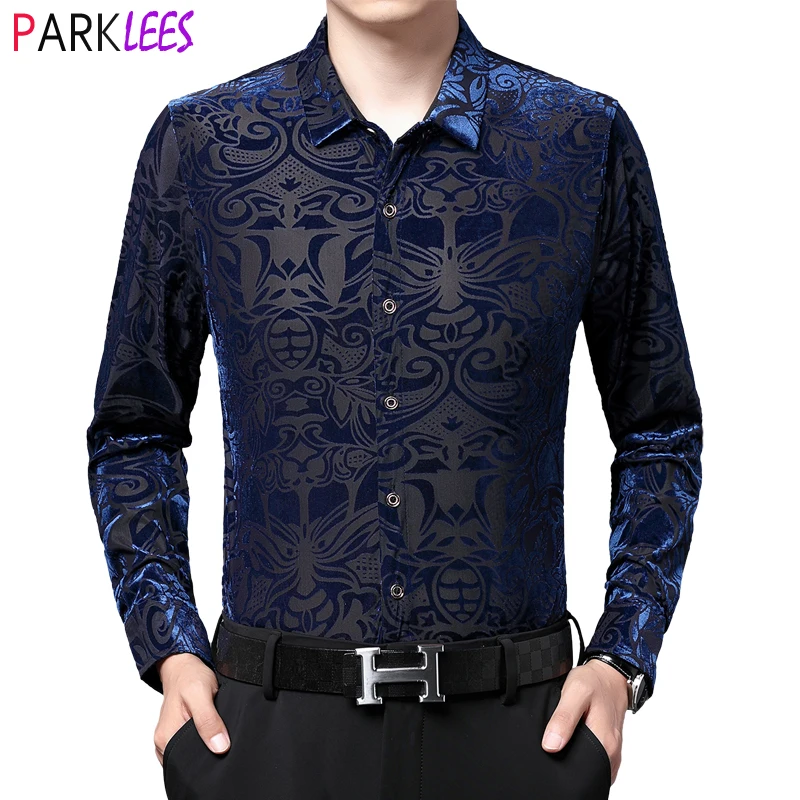 

Luxury Baroque Floral Jacquard Transparent Mens Dress Shirts Sexy See Through Lace Sheer Shirt Men Club Prom Event Top Blouse