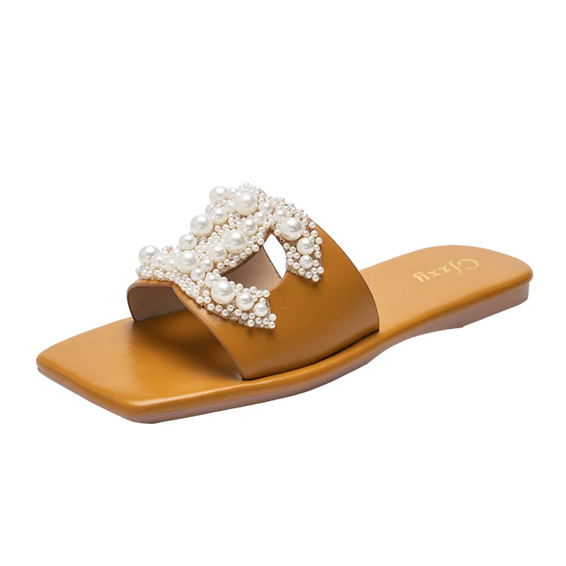 

Women PU Leather Slippers Brand Design Charm Open-toe Set Foot 2022 Vacation Beach Flat Sandals Casual Flip Flops Women Shoes