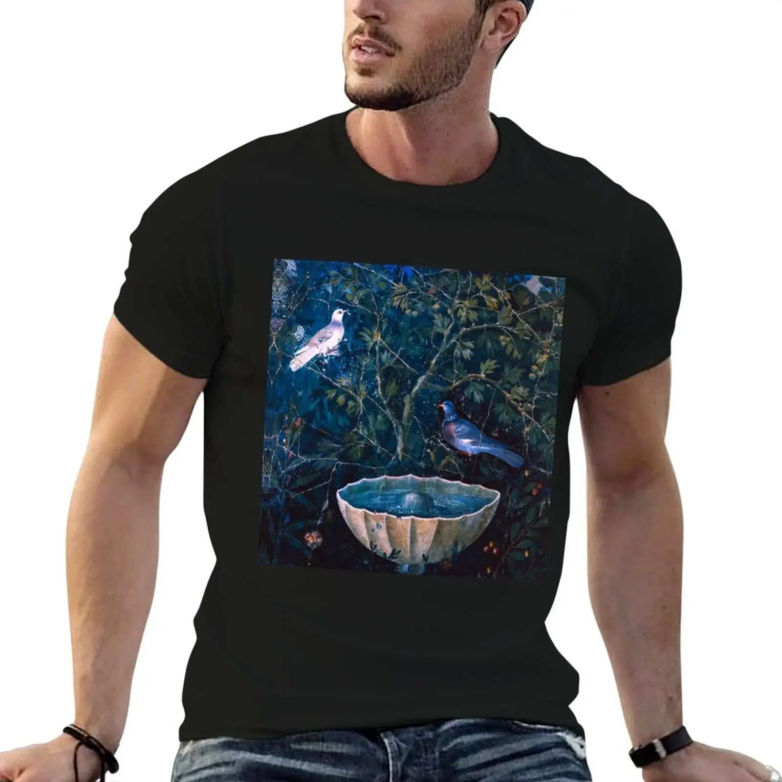 Футболка POMPEII COLLECTION / DOVES AND FOUNTAIN IN GARDEN BLUE GREEN FLORAL блузка мужские рубашки для