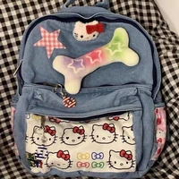 original homemade sanrio hello kitty denim backpack cute cartoon kitty denim colorblock hot girl shoulder bag travel storage bag