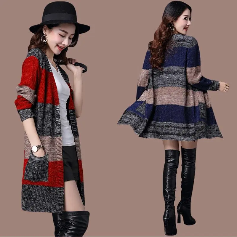 

Autumn Woman Newly Knitted Cardigan Female Vintage Thick Long Sweaters Ladies Loose Patchwork Coat Plain Streetwear Sweater G150