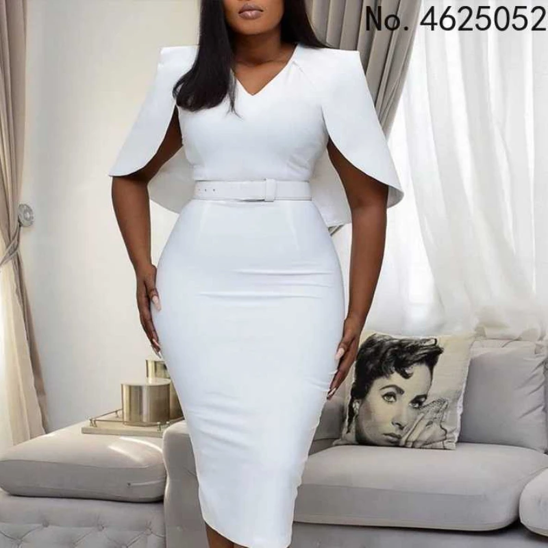 

High waist tight-fitting tight-fitting evening dress (no belt) ladies fashion and elegant formal wear pure white cape sleeve wor
