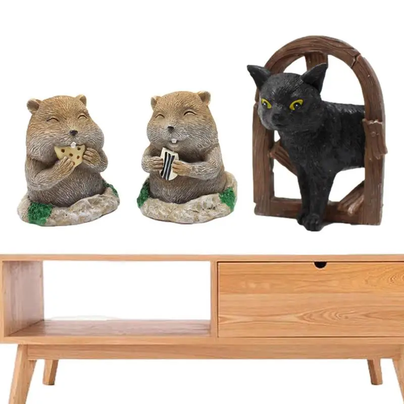 

Cat Gopher Garden Sculpture Black Cat And Gopher Ornament Set Resin Miniature Figurines Garden Courtyard Statues Ornament