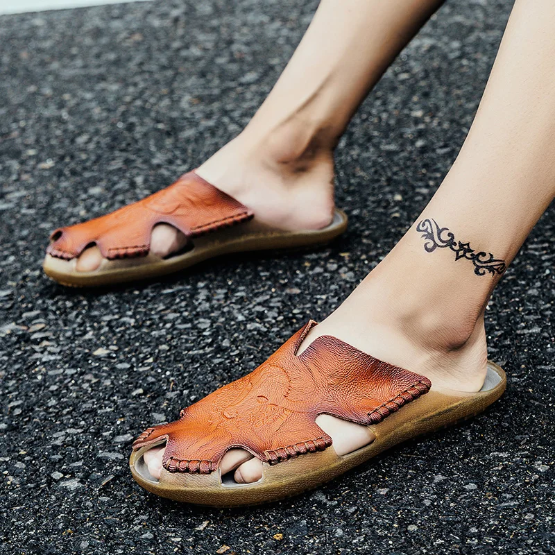 

Summer Genuine Leather Men's Sandals Classic Breathable Slip-On Sandals Men Casual Beach Shoes Outdoor Slippers Plus Size 38-48