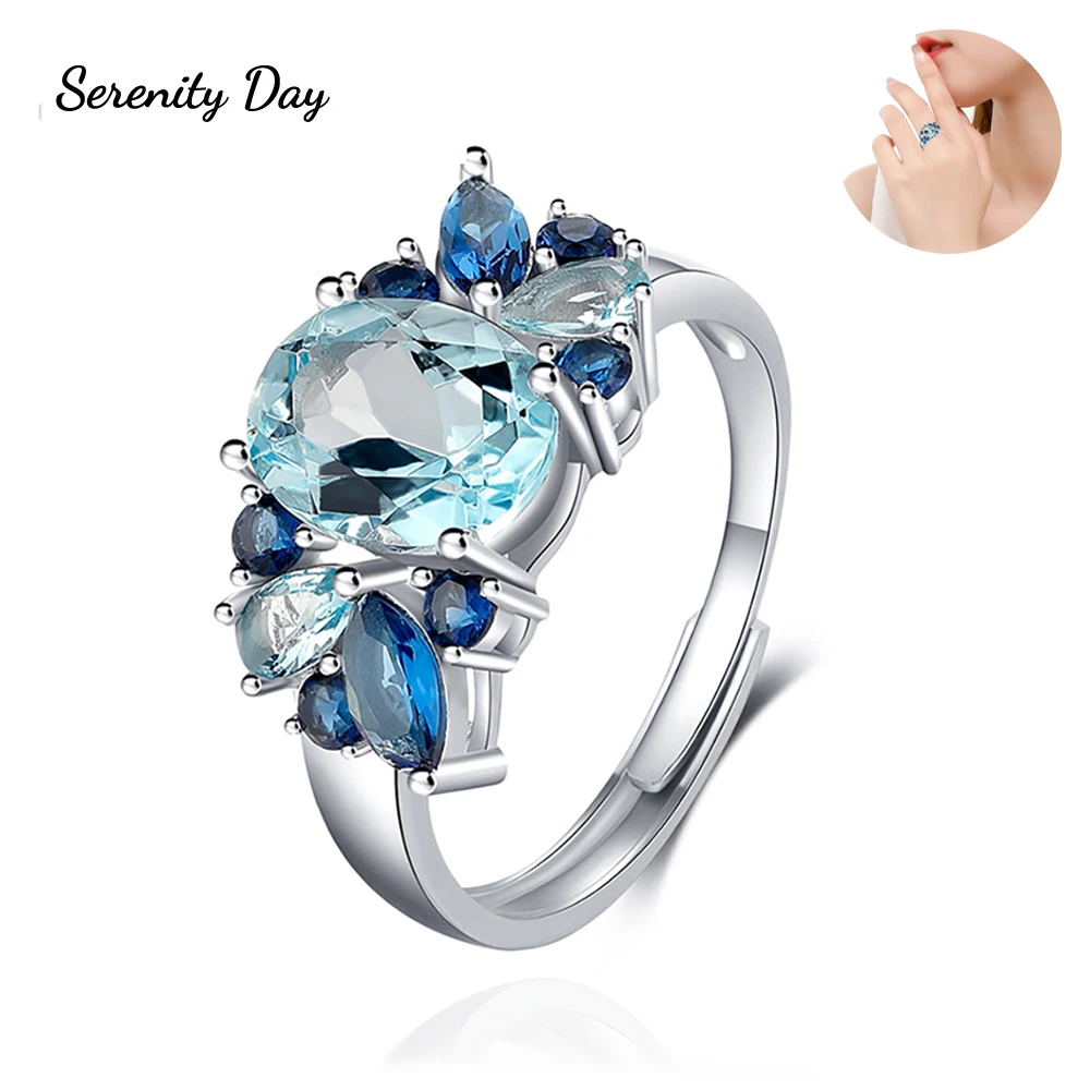 

Serenity Day 100% S925 Sterling Silver Really Topaz Natural Gem Rings For Women Big Blue Gemstones Engagement Fine Jewelry Gift