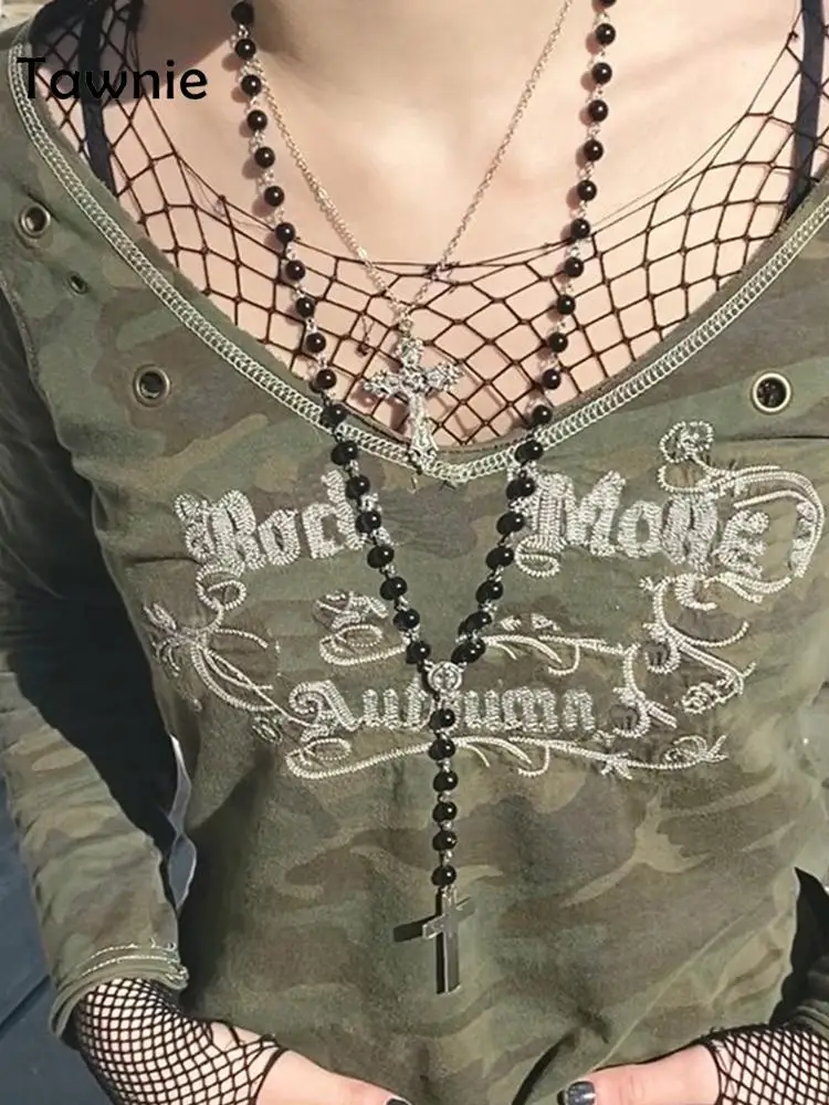 

Женская Винтажная Футболка с принтом Tawnie, повседневная Винтажная футболка с V-образным вырезом и длинным рукавом, 2022