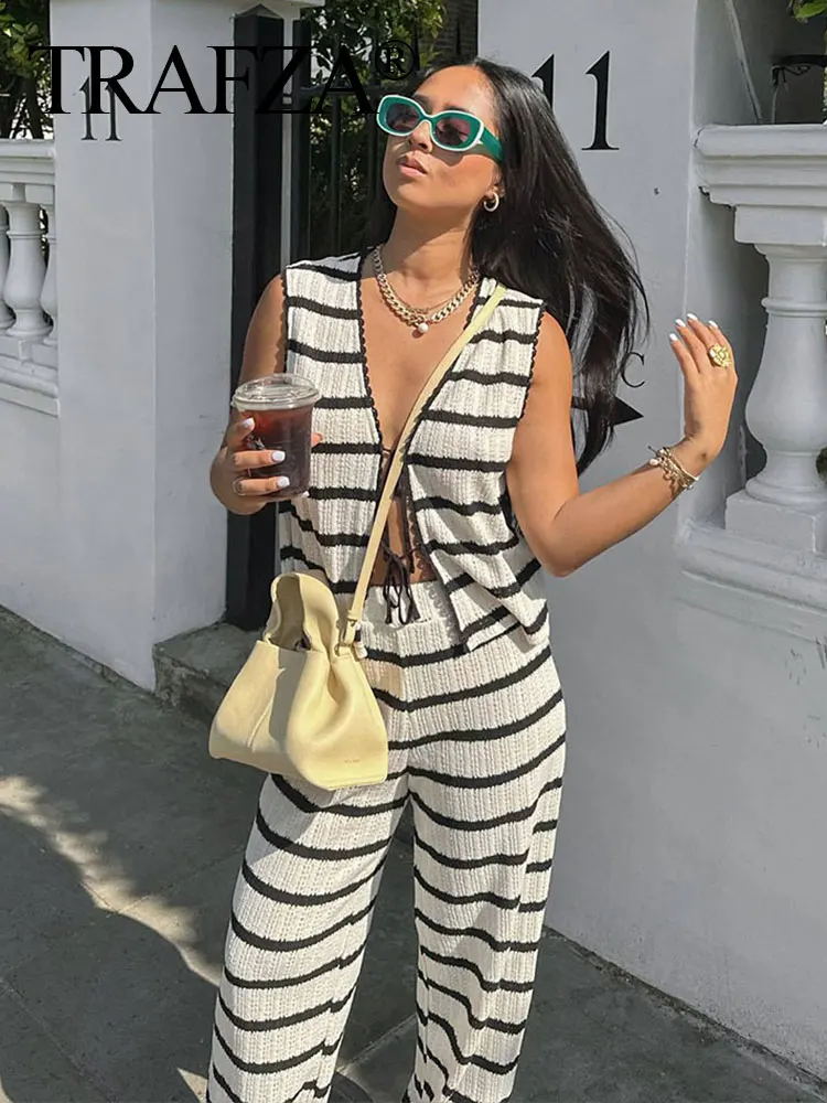 

TRAFZA Women Fashion Knitted Striped Top Pant Set V Neck Front Tie Sleeveless Vest Tank Tops + Elastic WaistTrousers Streetwear