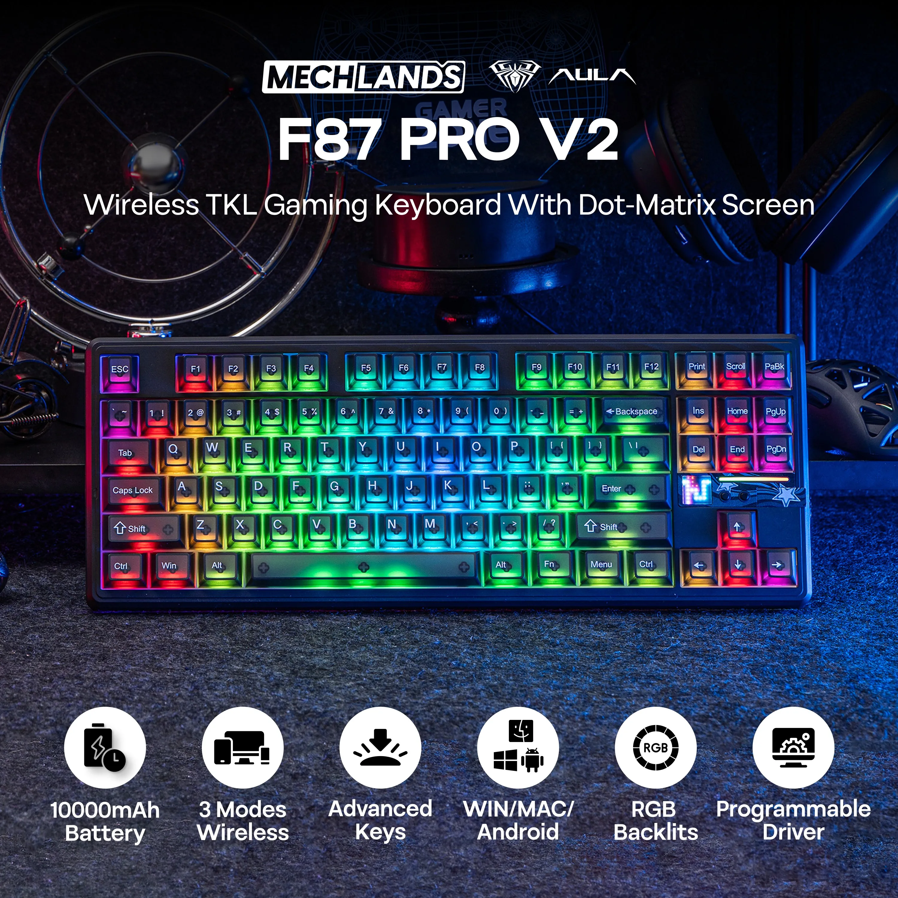 Фото AULA F87 PRO V2 TKL US ANSI Layout Проводная/BT/2,4 ГГц Беспроводная механическая игровая клавиатура с 10000 мАч и 8K Polling SOCD/MT/TGL №2