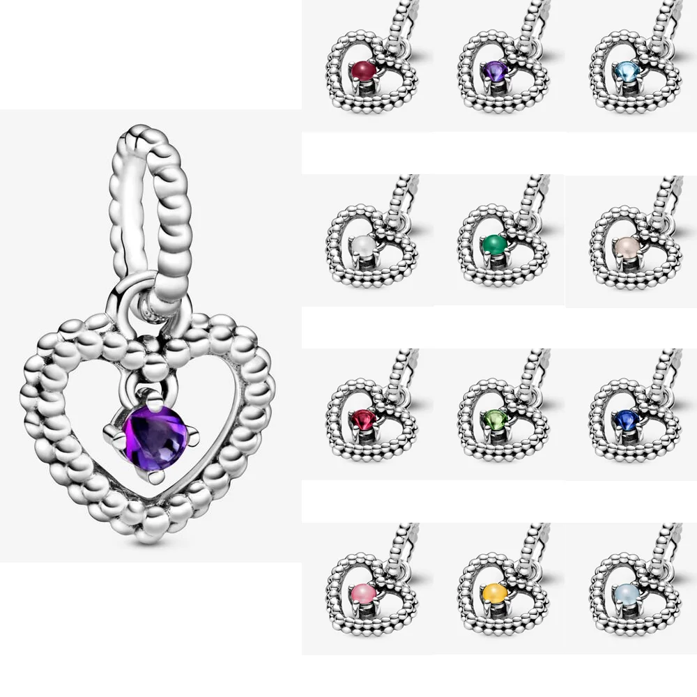 

925 Sterling Silver Bead Crystals Birthstone Heart Dangle Pendant fit Original Pandora Charms mybeboa Bracelets Women Jewelry