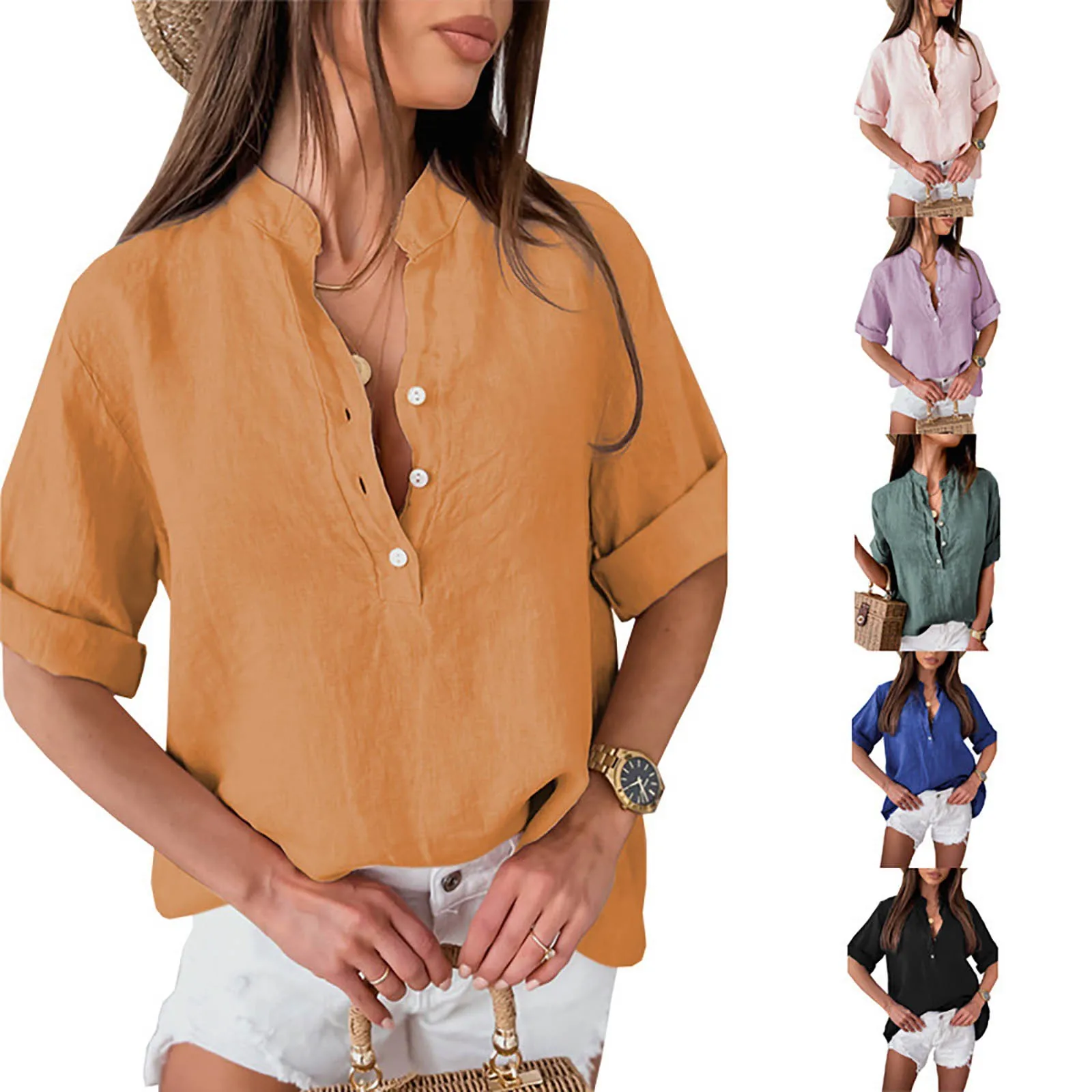 

Футболка в стиле Харадзюку для мужчин, однотонная льняная рубашка с короткими рукавами, отложным воротником, на пуговицах, в ретро стиле