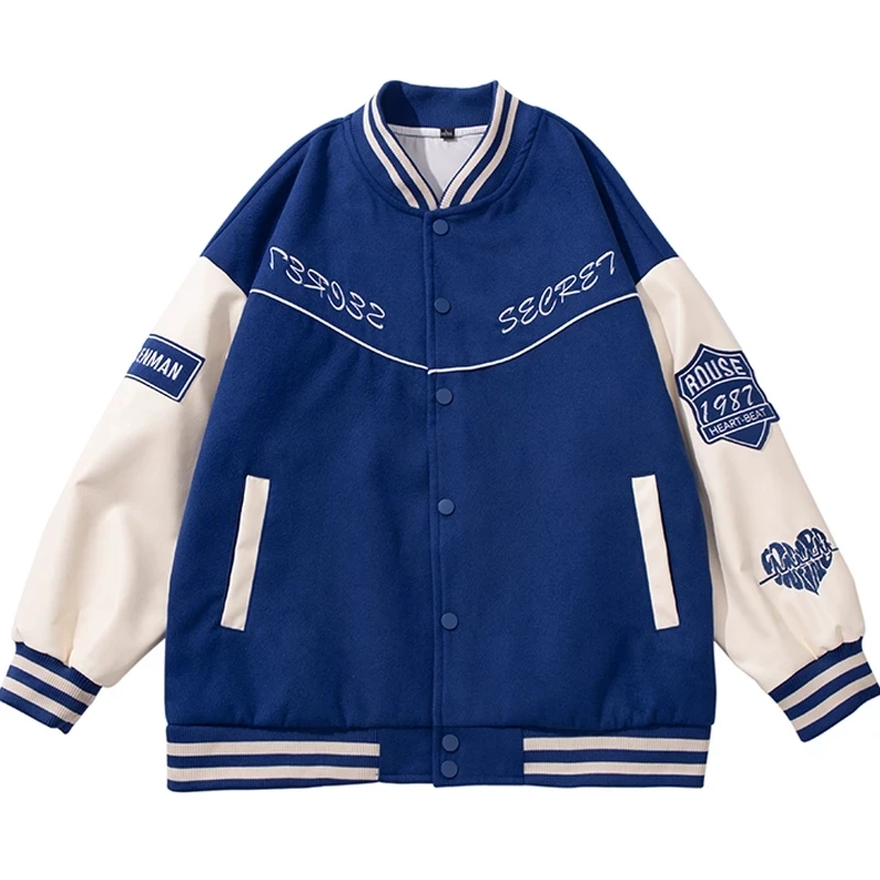 

Harajuku Baseball Jackets Men Flocked Embroidered Letter PU Leather Sleeve Splicing Varsity Jacket Casual Oversized Coat Unisex
