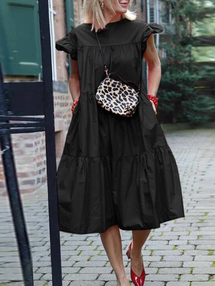 

New Summer Solid Boho Long Dress Women 2022 Casual O Neck Pleated Cotton Dress Spring Butterfly Short Sleeve Pocket Party Dress
