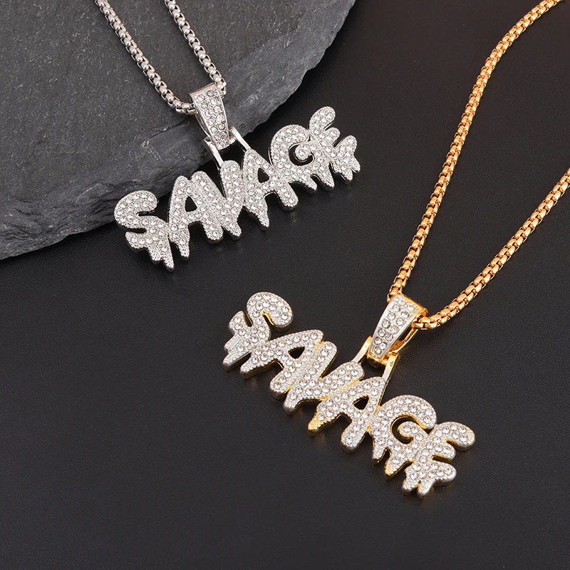 

Exquisite Fashion Hip Hop Gold Color Ice Out Zircon Letters Savage Pendant Necklace for Men Personality Trend Rock Party Jewelry