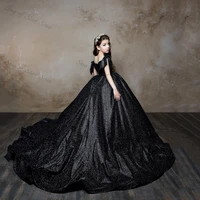 black glitter a line flower gril dresses simple sweep train long princess dresses pleat v neck bow kid birthday dress