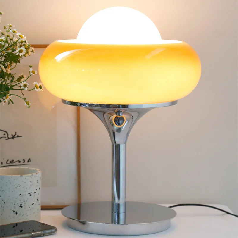 

Nordic Egg Tart Japanese-style Table Lamp Brown Retro Creamy White Lampshade Iron Bottom Table Lamp Bedroom Bedside Decoration