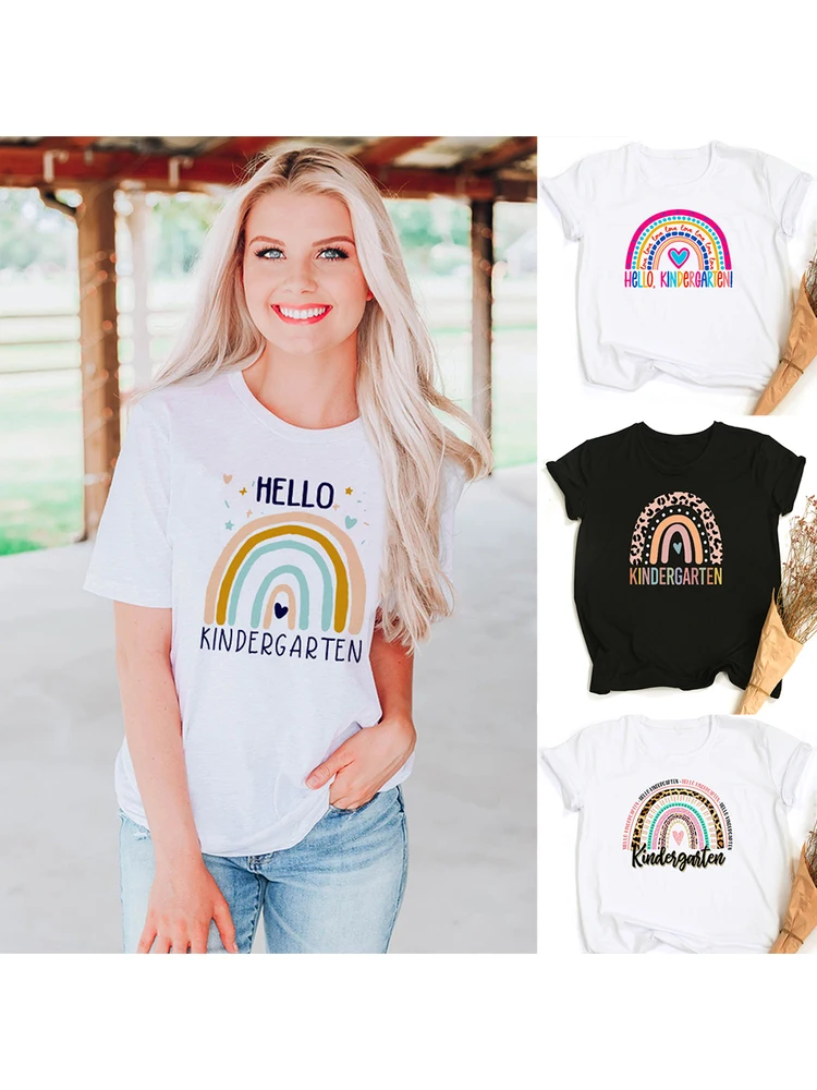 

Hello Kindergarten Rainbow T-Shirt Women Summer Short Sleeve Aesthetic Graphic Tees Teach Love Inspire Back To School Teacher