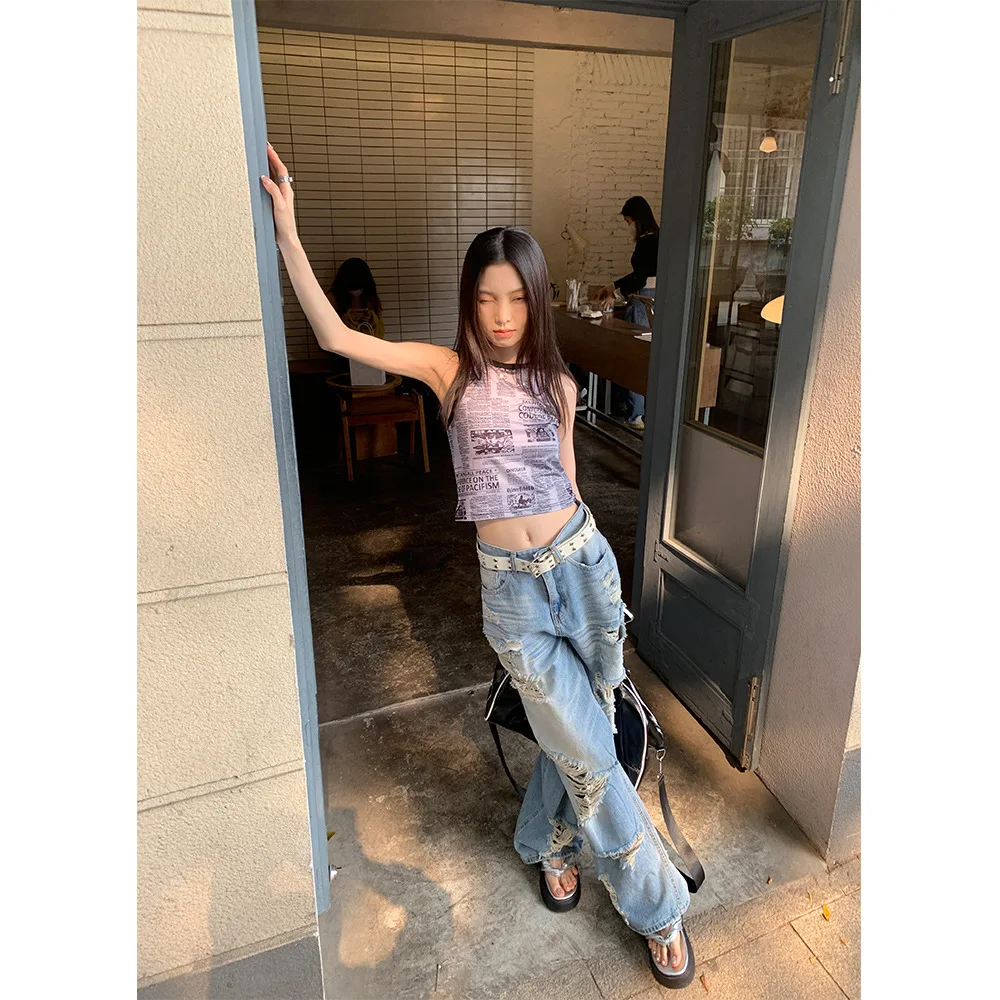 American Vintage High Street Beggar's Worn Washed Jeans Women's 2023 Summer New INS Loose Wide Leg Casual Pants