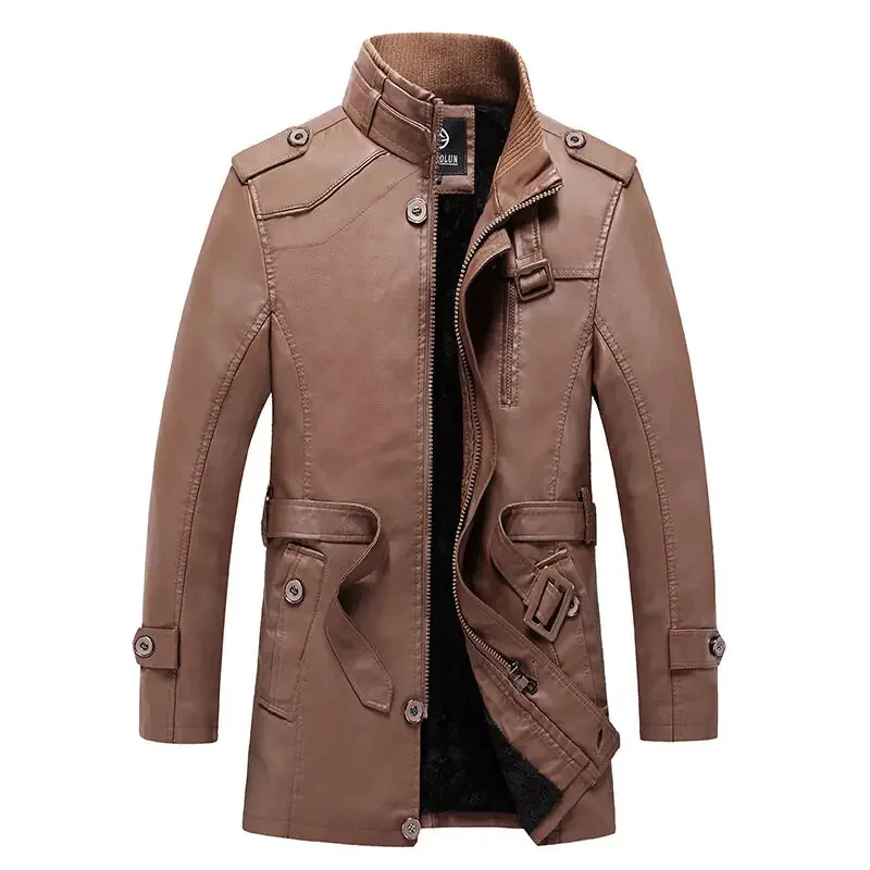 

2023 Men Solid Long Sleeve PU Leather Coat Stand Collar Spring Autumn Faux Leather Jacket Slim Fit Men Jacket Trench Coats New