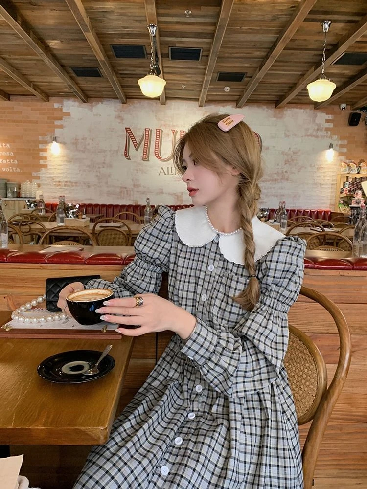 

Deeptown Korean Fashion Plaid Midi Shirt Dress Women Preppy Style Vintage Sweet Folds Peter Pan Collar Long Sleeve Tunic Dresse