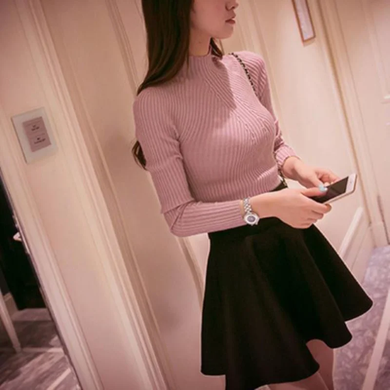 

Women's Half High Collar Ribbed Sweaters Women Soft Warm Elasticity Pullover Autumn Winter Korean Slim Knitting Bottoming Jumper