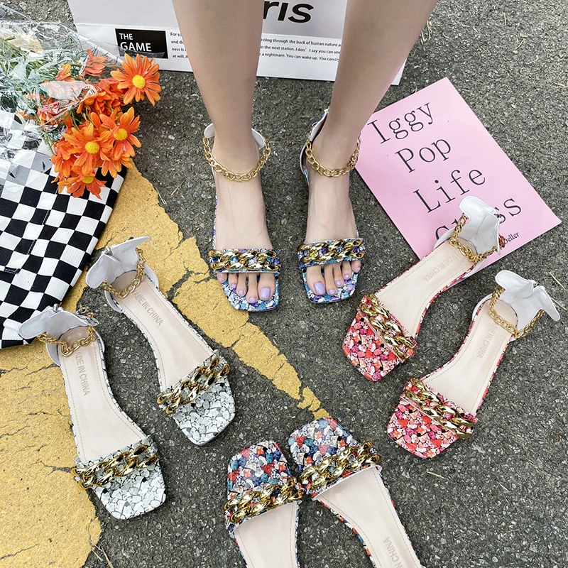 

Women Sandals Summer Colorful Floral Flats Sandal Metal Chain Peep Toe Woman Party Shoes Female Designer Luxury Shoes Size 43