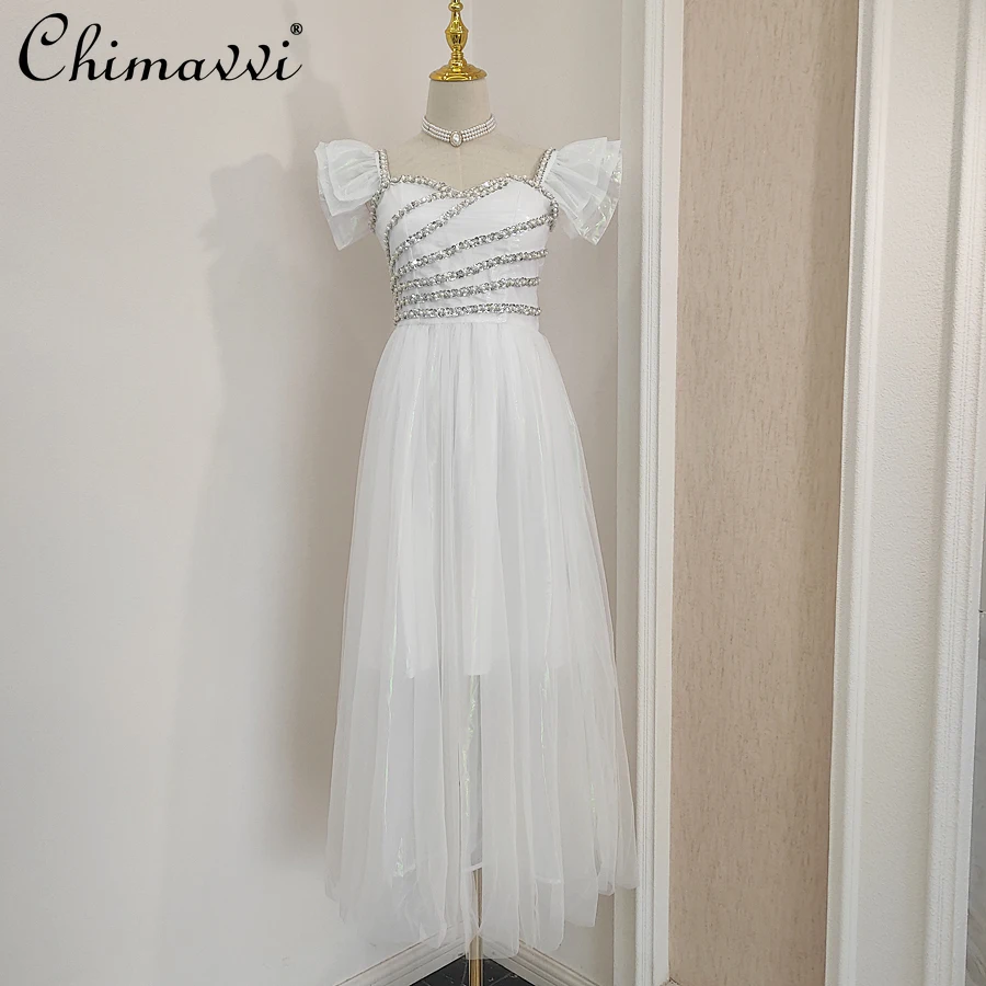 

2022 Summer New Fashion Diamond Beaded Sequins Mesh Dress Women White Flying Sleeves High Waist Slim Fit Dress for Female