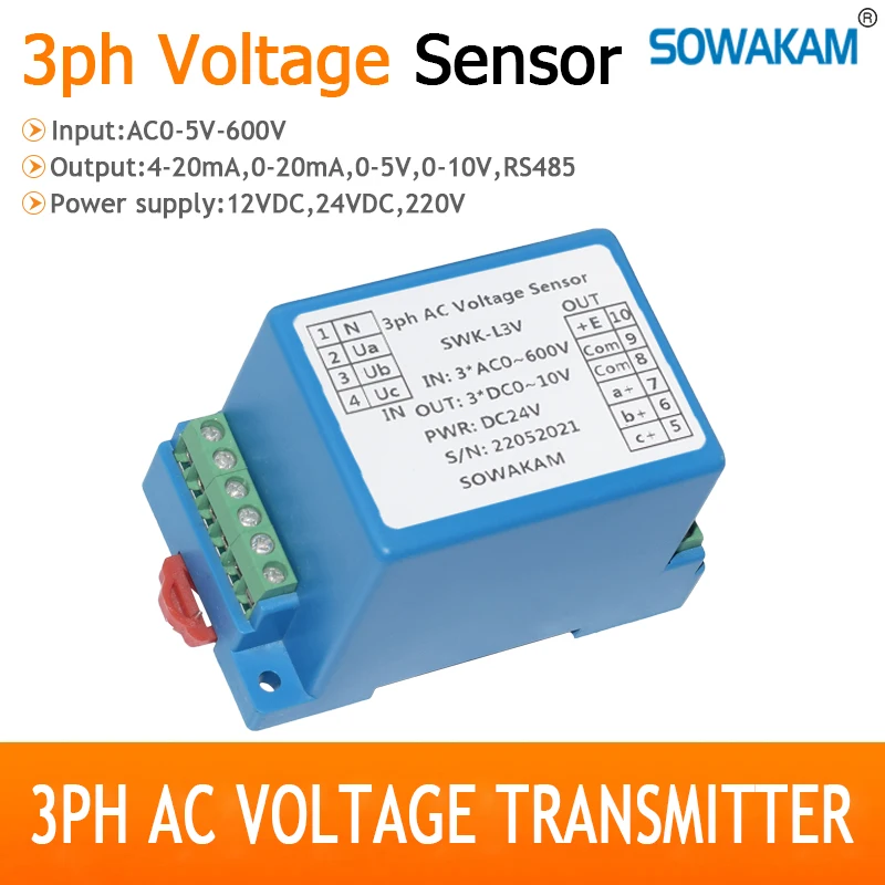 

AC 3-phase Voltage Sensor AC0-600V Voltage Detection 4-20mA 0-20mA 0-5V 10V RS485 Output 3ph Voltage Transmitter