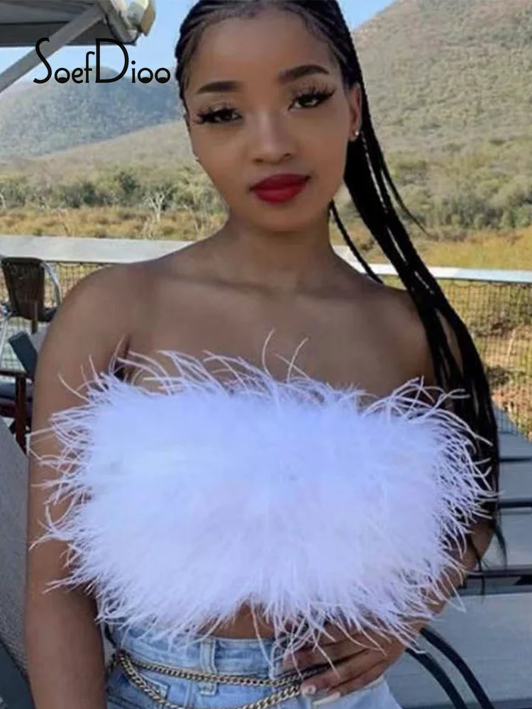 

Soefdioo Spaghetti Strap Feather Chest Wrap Vest Women Sexy Ostrich Hair Fish Bone Tank Top Summer Female Group Stage Style Tops
