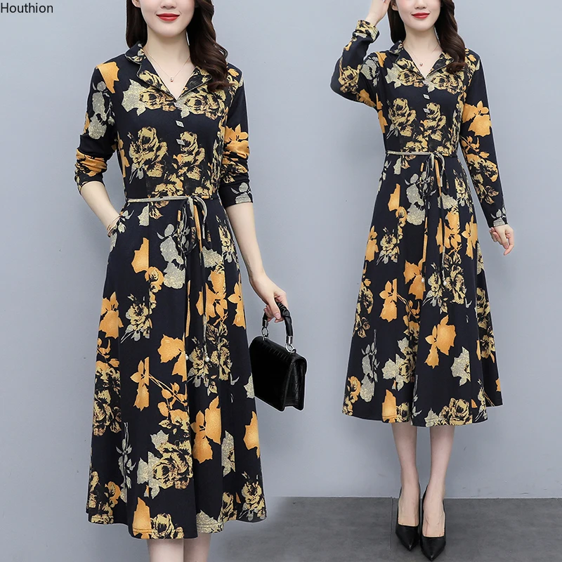 

Платье женское шифоновое с длинным рукавом, V-образным вырезом и принтом