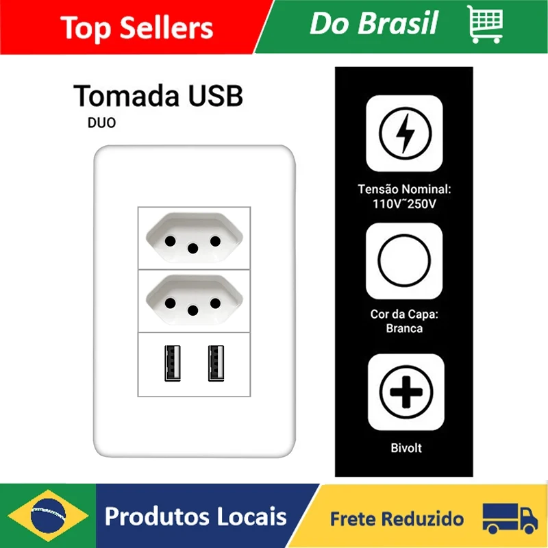 

Tomada Universal De Parede USB com 2 Alimentador USB e 2 Tomada 2P+T 2.1A Duplo Carregador inteligentes encaixe da de plugue