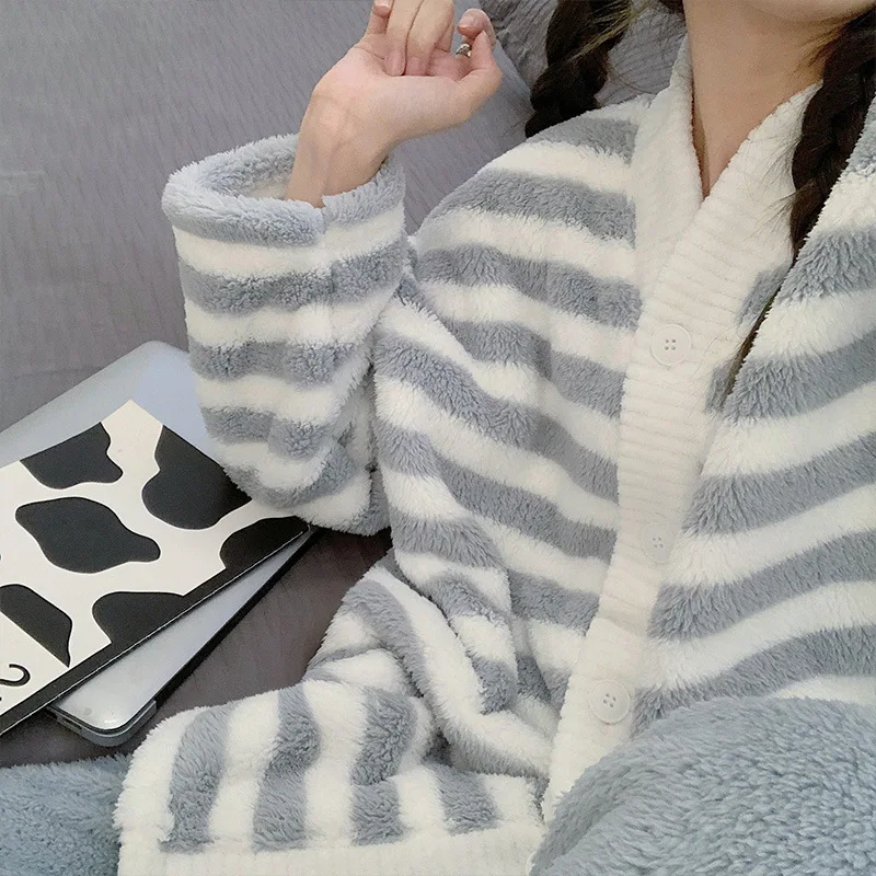 Yasuk Winter Women Girl Casual Warm Soft Sleepwear Pajamas With Pant Velvet Fleecel Cute Thick Pocket Simple Grey Stripes