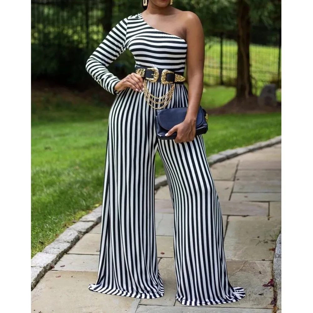 

Женский комбинезон, офисный, для путешествий, тонкий, с открытыми плечами, в полоску, один предмет, широкие брюки, Ким Кардашьян, стиль, весна-...