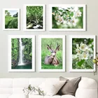 Настенная картина зеленый лес, олень, трава, водопад, цветок, настенные картины на холсте, скандинавские плакаты и принты, настенные картины для декора гостиной