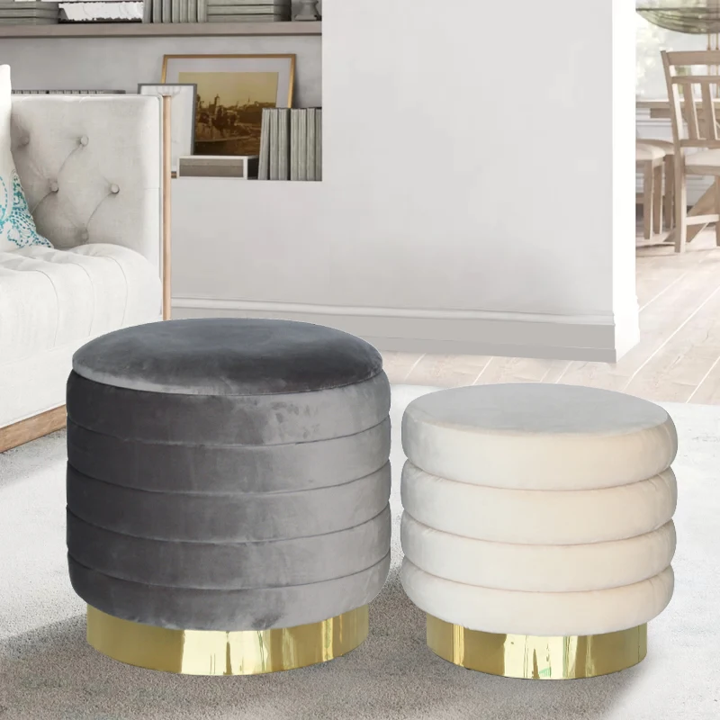

High Quality Stainless Steel Base Velvet Fabric Decorative Set of 2 Round Velvet Storage Ottoman Stool With Gold Ring Base