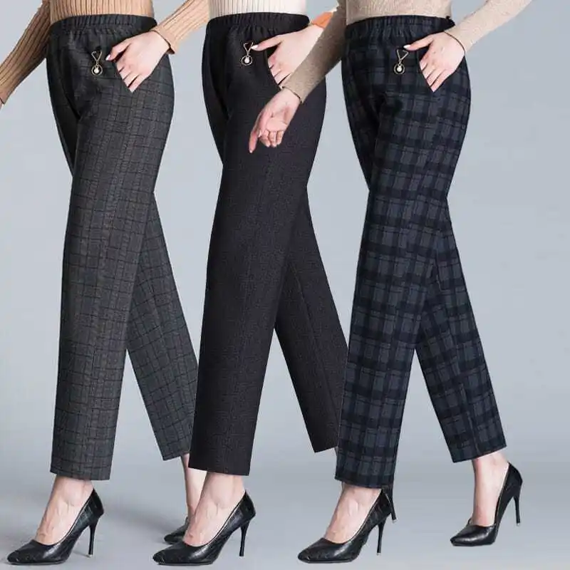 2023 New Women's Spring Summer Stretch Elastic High Waist Pocket Straight Pants Female Office Ladies Plaid Casual Trousers Q295