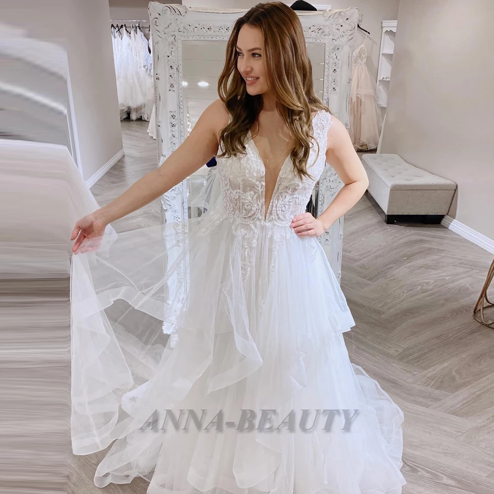 

Anna Fairytale Wedding Gown For Women Aline Pleate V-Neck Tulle Appliques 2023 Bride Dress Vestido De Noiva Customized Formal