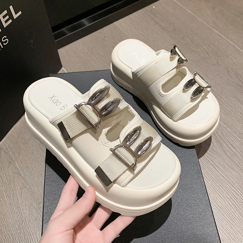 Summer Women Chunky Slippers Luxury Slip-on 6.5CM Wedge Flip Flops Outside High Platform Sandals White Beach Casual Slides Woman