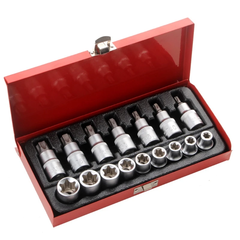 

Multiple Sizes Sockets Torx Bit Socket Set with Case Cr-V Steel T30-T70 E10-E24 Tamperproof Sockets Set 16 Pieces