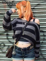 rockmore vintage striped cropped sweaters autumn 2022 y2k aesthetic slash neck knitwear women fairy grunge casual pullover tops