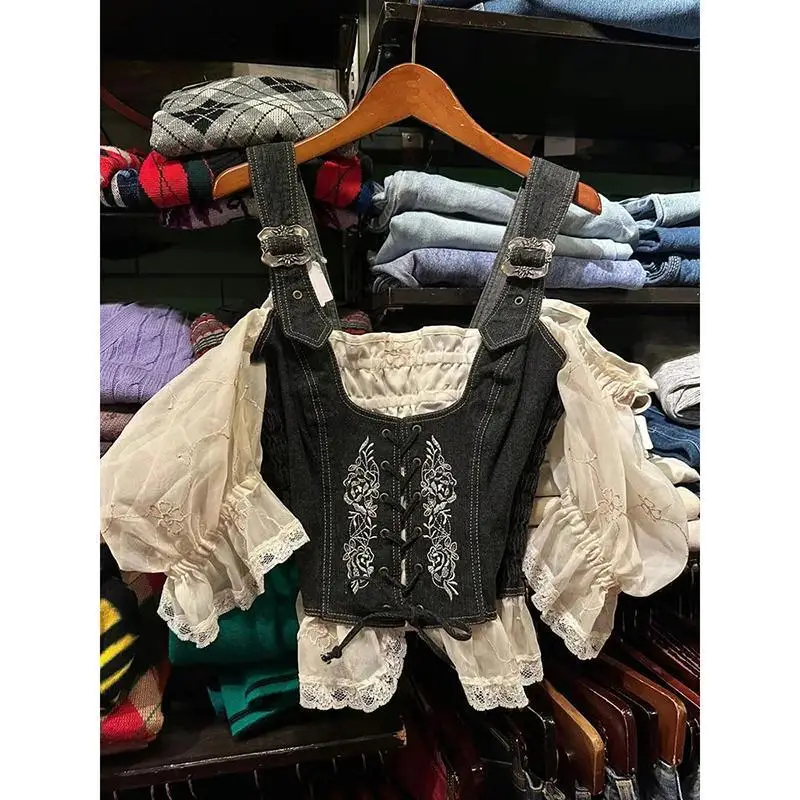 

Имитация двух частей Hikigawa, шикарная модная ВИНТАЖНАЯ ДЖИНСОВАЯ блузка с воротником-лодочкой и коротким рукавом, рубашка в стиле пэчворк, повседневные блузки, женская мода