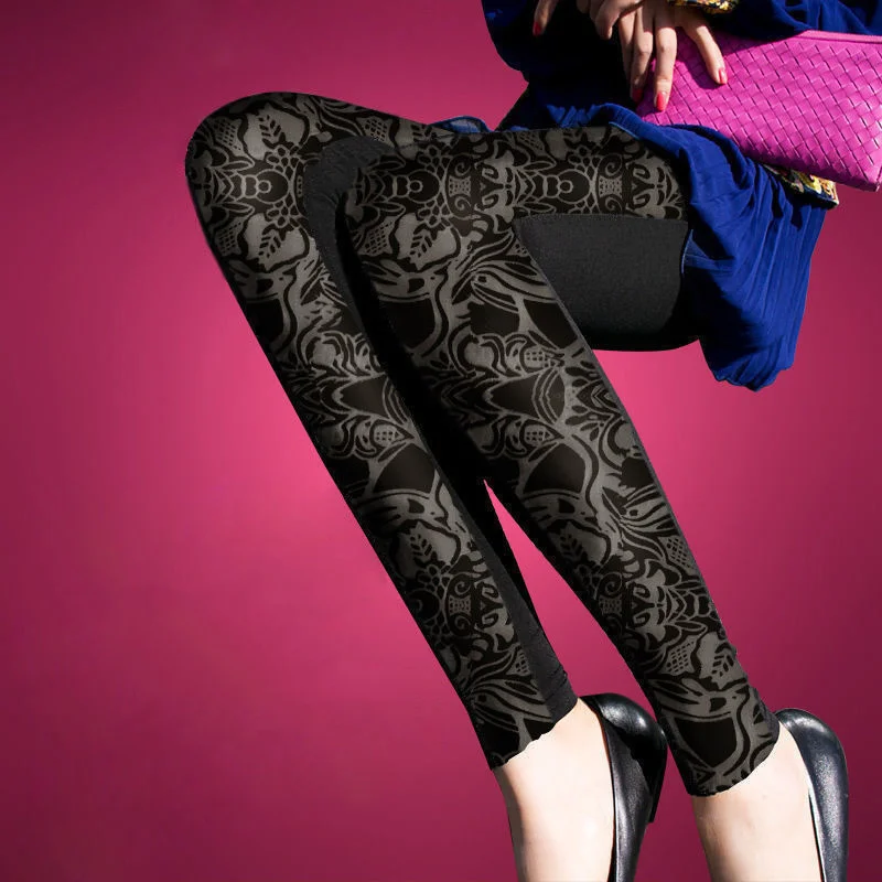 

Spring and Autumn Style New Bud Silk Hollow Out Nine Minutes of Pants Net Yarn Faux Fur Splicing Women Leggings Roses