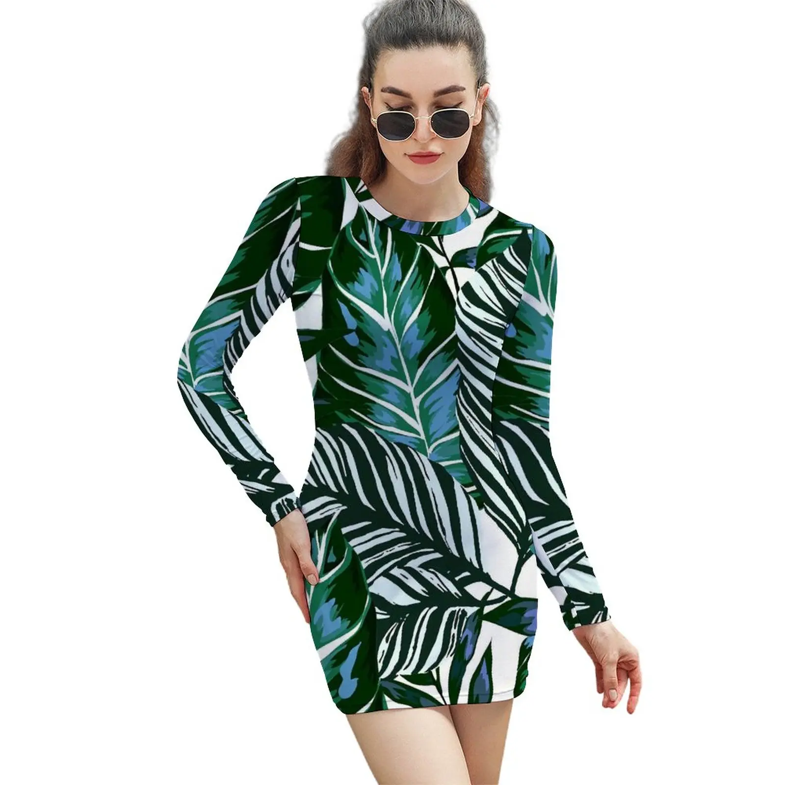 

Зеленое платье с пальмовыми листьями, простые весенние платья с длинным рукавом и принтом тропического леса, простое облегающее платье, жен...