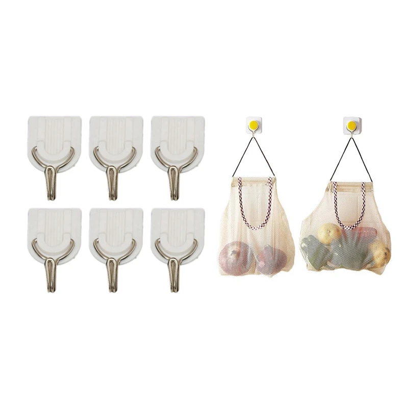 

6Pcs Wall Door Hook Towel Holder Self-Adhesive Glue Hook White & 2Pcs Baghollow Breathable Mesh Bag