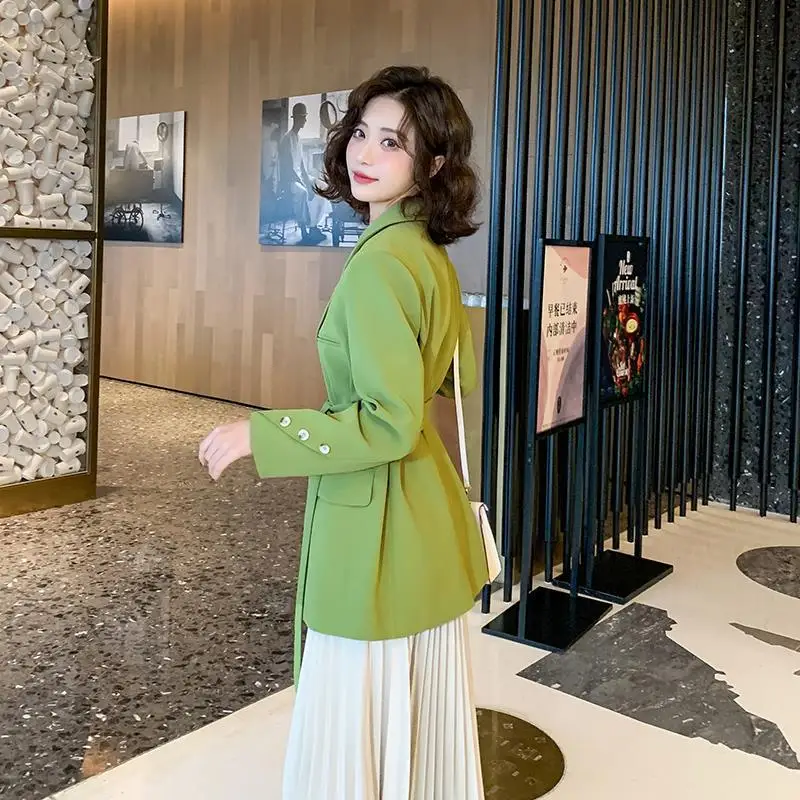 Luxury Chic Long Sleeve Women Blazers Belt Black Suit Office Ladies Jacket Korean Style Coats Double-breasted Solid  Blazer