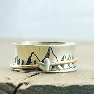Vintage Bohemia Silver Mountain Heart Spinner Ring for Women Anxiety Spinner Finger Rings Fashion Jewelry Gift