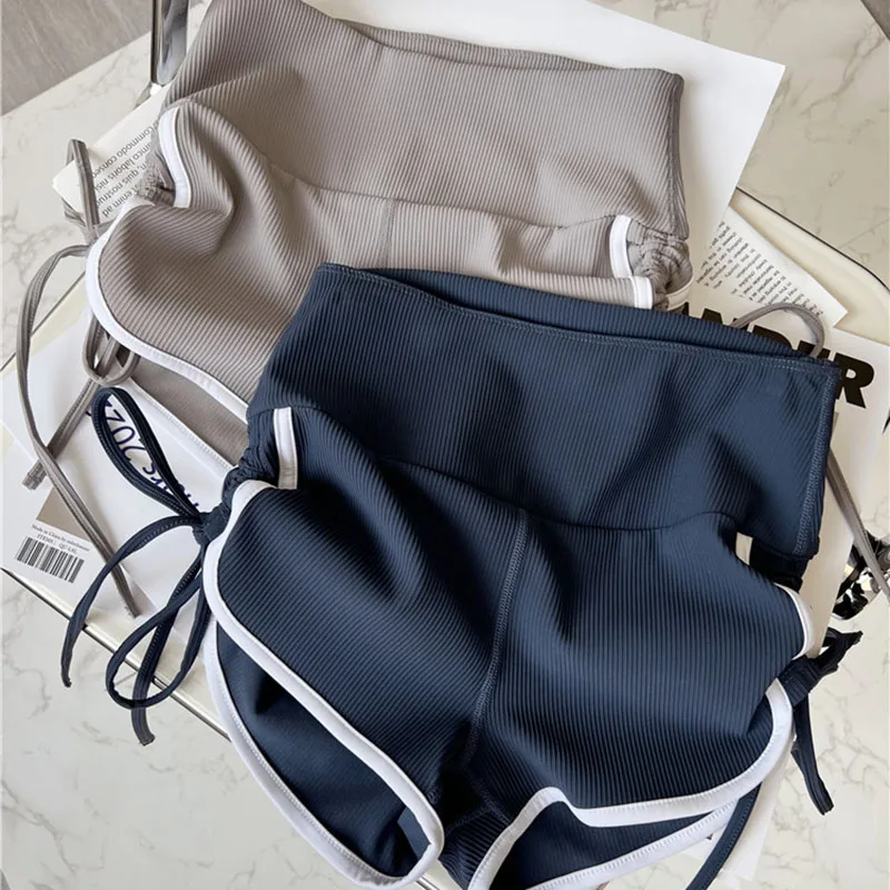 Women Drawstring High Waist Sports Shorts  Nude Running Drawstring Yoga Shorts Gym Leggings Workout