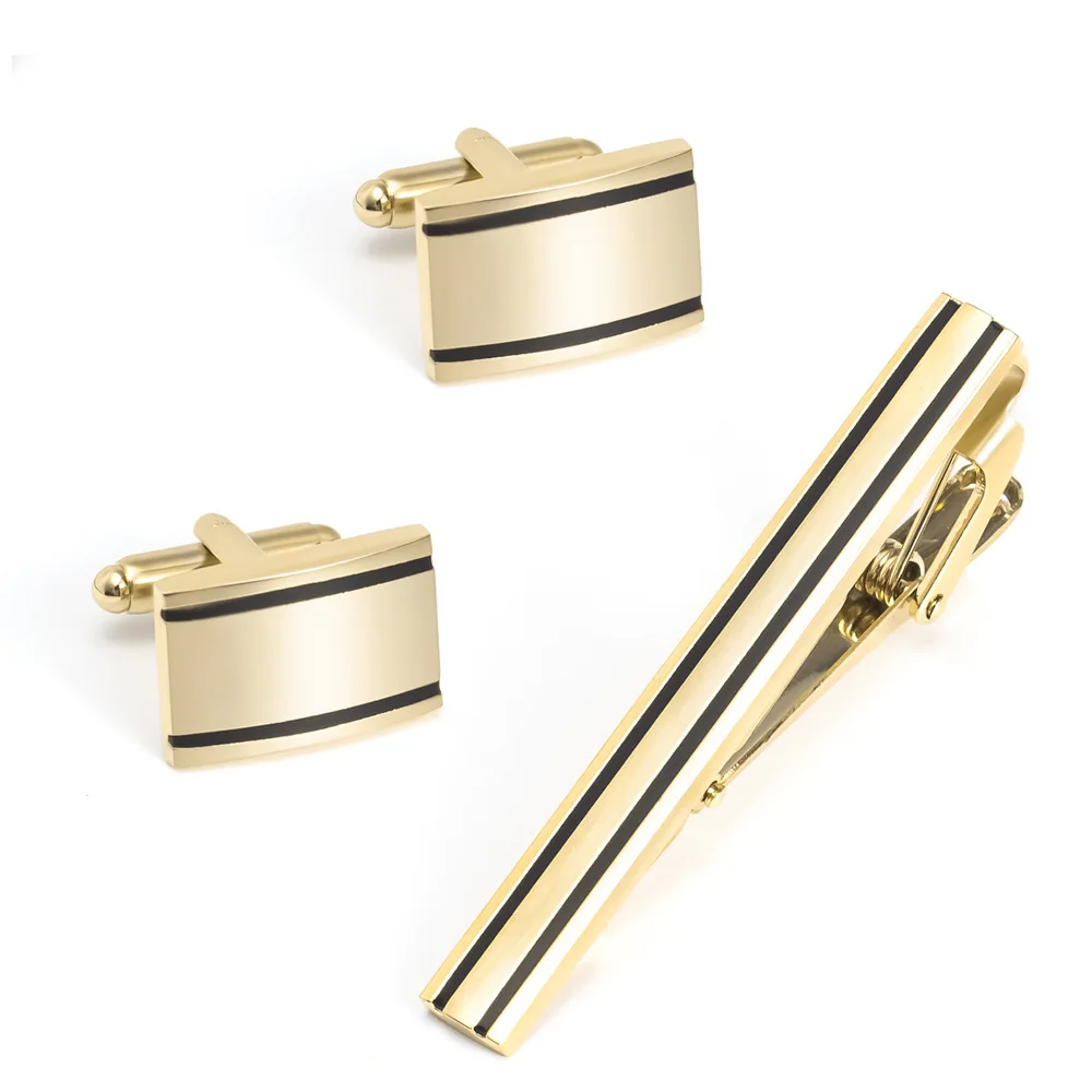 Gold Stripe Smooth Brushed Metal Cufflinks Tie clip Set Hot Sale Cufflinks Set Commuting Banquet Essential Exquisite Gift