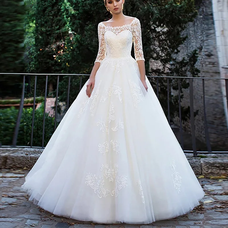 

Женское свадебное платье со шлейфом It's yiiya, белое фатиновое платье с открытыми плечами, рукавами до локтей и открытой спиной на лето 2019